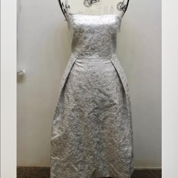 NWT Lord & Taylor Strapless Midi Dress Ball Prom Metallic Silver 6 Gown Jacquard - Picture 6 of 13